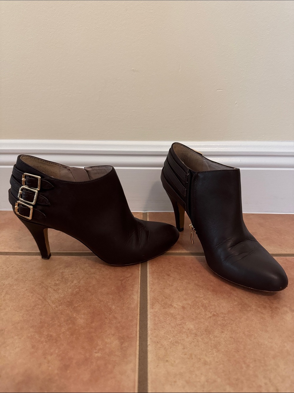 Vince Camuto Brown Leather Ankle Booties with Triple Buckles